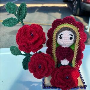 Handcrafted Crochet Virgin Mary with Red Roses Virgen de Guadalupe